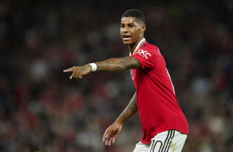 Manchester United's Marcus Rashford gestures during the Europa League group E soccer match between Manchester United and Sheriff at Old Trafford in Manchester, England, Thursday Oct. 27, 2022. (AP Photo/Jon Super)