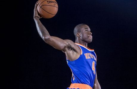 TARRYTOWN, NY - AUGUST 03: Thanasis Antetokounmpo #43 of the New York Knicks poses for a portrait during the 2014 NBA rookie photo shoot at MSG Training Center on August 3, 2014 in Tarrytown, New York. NOTE TO USER: User expressly acknowledges and agrees that, by downloading and or using this photograph, User is consenting to the terms and conditions of the Getty Images License Agreement.  (Photo by Nick Laham/Getty Images)