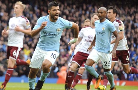 Manchester City's Sergio Aguero celebrates after scoring during the English Premier League soccer match between Manchester City and Burnley at Etihad stadium, Manchester, England, Saturday, Oct. 21, 2017. (AP Photo/Rui Vieira)