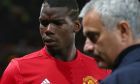 Manchester Uniteds manager José Mourinho, right, with Manchester Uniteds Paul Pogba just prior to the start of Europa League group A soccer match between Manchester United and Zorya Luhansk at Old Trafford, Manchester, England, Thursday, Sept. 29, 2016. (AP Photo/Dave Thompson)