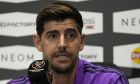 Real Madrid's goalkeeper Thibaut Courtois, speaks during a press conference, at Al Nassr stadium, in Riyadh, Saudi Arabia Tuesday, Jan. 10, 2023. Real Madrid will play the Spanish Super Cup semifinal soccer match against Valencia on Wednesday Jan. 11, 2023 at King Fahd stadium in Riyadh.(AP Photo/Hussein Malla)