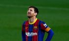Barcelona's Lionel Messi reacts after a missed scoring opportunity during the Spanish La Liga soccer match between FC Barcelona and Granada at the Camp Nou stadium in Barcelona, Spain, Thursday, April 29, 2021. (AP Photo/Joan Monfort)