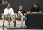 Sacramento Kings coach Dave Joerger, center, talks with Vlade Divac, right, the NBA basketball team's vice president of basketball operations, and Peja Stojakovic, left, director of player personnel and development, at minicamp Wednesday, July 6, 2016, in Sacramento, Calif. (AP Photo/Rich Pedroncelli)