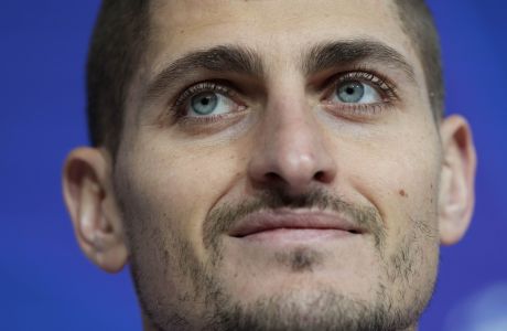 PSG's Marco Verratti attends a news conference in Munich, Germany, Tuesday, March 7, 2023 prior to the Champions League group round of 16 second leg soccer match between Bayern Munich and Paris Saint Germain. Bayern will face PSG on Wednesday, March 8, 2023. (AP Photo/Matthias Schrader)