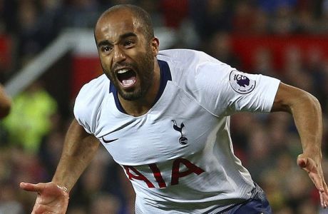 Tottenham Hotspur's Lucas Moura celebrates after scoring his side's second goal during the English Premier League soccer match between Manchester United and Tottenham Hotspur at Old Trafford stadium in Manchester, England, Monday, Aug. 27, 2018. (AP Photo/Dave Thompson)