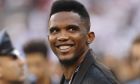 FILE - Soccer player Samuel Eto'o watches warmups before an International Champions Cup soccer match between Atletico Madrid and Real Madrid, Friday, July 26, 2019, in East Rutherford, N.J. Atletico Madrid won 7-3. It was a surprise when Samuel Eto'o announced he was standing as a candidate to be president of the Cameroon soccer federation. And even more of a shock when he won last December. The former Barcelona and Inter Milan striker has now set himself the task of fixing his country's broken domestic soccer structure. (AP Photo/Steve Luciano, File)