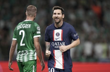 PSG's Lionel Messi celebrates after scoring the opening goal during the group H Champions League soccer match between Maccabi Haifa and Paris Saint-Germain in Haifa, Israel, Wednesday, Sept. 14, 2022. (AP Photo/Ariel Schalit)