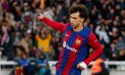 Barcelona's Joao Felix celebrates after scoring his side's second goal during a Spanish La Liga soccer match between Barcelona and Getafe at the Olimpic Lluis Companys stadium in Barcelona, Spain, Saturday, Feb. 24, 2024. (AP Photo/Joan Monfort)