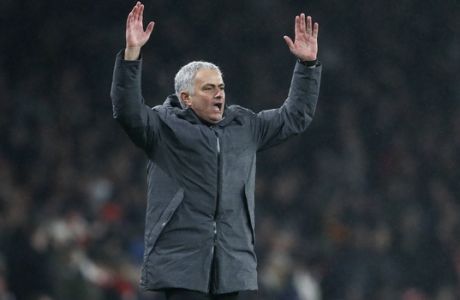 Manchester United coach Jose Mourinho gestures during the English Premier League soccer match between Arsenal and Manchester United at the Emirates stadium in London, Saturday, Dec. 2, 2017. (AP Photo/Kirsty Wigglesworth)