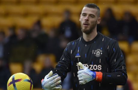 Manchester United's goalkeeper David de Gea during warm up before the English Premier League soccer match between Wolverhampton Wanderers and Manchester United at the Molineux Stadium in Wolverhampton, England, Saturday, Dec. 31, 2022. (AP Photo/Rui Vieira)