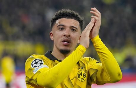 Dortmund's Jadon Sancho leaves the pitch after being substituted during the Champions League round of 16 second leg soccer match between Borussia Dortmund and PSV Eindhoven at the Signal Iduna Park in Dortmund, Germany, Wednesday, March 13, 2024. (AP Photo/Martin Meissner)