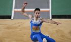 Miltiadis Tentoglou, of Greece, makes an attempt in the Men long jump qualification at the European Athletics Indoor Championships at Atakoy Arena in Istanbul, Turkey, Friday, March 3, 2023. (AP Photo/Khalil Hamra)