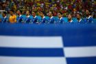 RECIFE, BRAZIL - JUNE 29: Greece players line up for the national anthems prior to the 2014 FIFA World Cup Brazil Round of 16 match between Costa Rica and Greece at Arena Pernambuco on June 29, 2014 in Recife, Brazil.  (Photo by Alex Grimm - FIFA/FIFA via Getty Images)