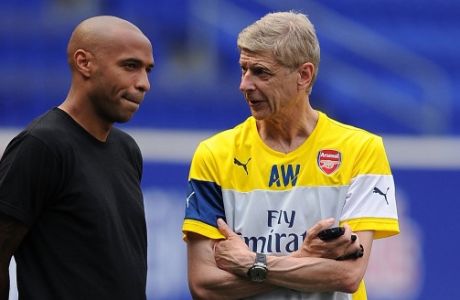 HARRISON, NJ - JULY 24: Manager Arsene Wenger with ex player Thierry Henry during a training session at Red Bull Arena on July 24, 2014 in Harrison, New Jersey. (Photo by Stuart MacFarlane/Arsenal FC via Getty Images)
