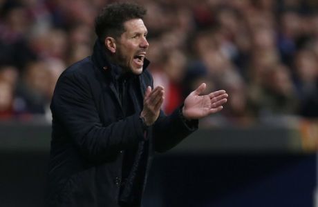 Atletico Madrid head coach Diego Simeone reacts during an Europa League round of 32 second leg soccer match between Atletico Madrid and Copenhagen at the Metropolitano stadium in Madrid, Thursday, Feb. 22, 2018. (AP Photo/Francisco Seco)