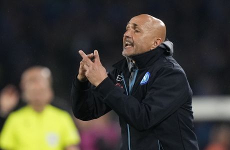 Napoli's head coach Luciano Spalletti gives instructions from the side line during a Champions League quarterfinal second leg soccer match between Napoli and AC Milan, at Naples' Diego Armando Maradona stadium, Tuesday, April 18, 2023. (AP Photo/Andrew Medichini)