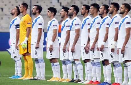 Η Εθνική Ελλάδας σε παράταξη πριν από την αναμέτρηση με τη Μολδαβία για τη φάση των ομίλων του Nations League 2020-2021 στο Ολυμπιακό Στάδιο | Κυριακή 11 Οκτωβρίου 2020