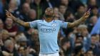Manchester City's Raheem Sterling celebrates scoring during the Champions League quarterfinal, second leg, soccer match between Manchester City and Tottenham Hotspur at the Etihad Stadium in Manchester, England, Wednesday, April 17, 2019. (AP Photo/Dave Thompson)