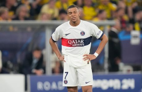 PSG's Kylian Mbappe reacts during the Champions League semifinal first leg soccer match between Borussia Dortmund and Paris Saint-Germain at the Signal-Iduna Park stadium in Dortmund, Germany, Wednesday, May 1, 2024. (AP Photo/Matthias Schrader)