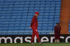 Bayern Munich's head coach Carlo Ancelotti walks along the pitch during a training session at the Santiago Bernabeu stadium in Madrid, Monday, April 17, 2017. Bayern Munich will play against Real Madrid a Champions League quarterfinal second leg soccer match on Tuesday 18. (AP Photo/Francisco Seco)