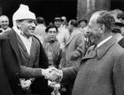 Peco Bauwens, right, President of the German Football Association greets German goalkeeper of the English football club Manchester City, Bert Traumann, who was invited by the officials to the final of the German First Division on Sunday, June, 24, 1956 at the Olympic Stadium in Berlin, Germany. Trautmann still wears a cast to support his neck he badly injured in the 1956 FA Cup Final at Wembley. Borussia Dortmund won the Championship against Karlsruhe SC with 4:2. (AP Photo/Heinrich Sanden Jr.)