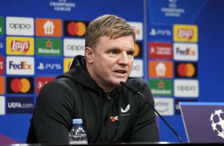 Newcastle's head coach Eddie Howe talks to the media at a press conference ahead of the Champions League Group F soccer match between Borussia Dortmund and Newcastle United in Dortmund, Germany, Monday, Nov. 6. , 2023. (AP Photo/Martin Meissner)