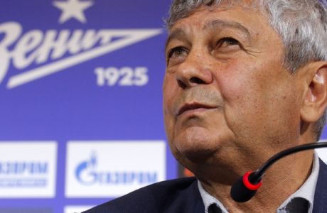 Romanian coach Mircea Lucescu speaks during presentation of him as the head coach of Zenit St.Petersburg soccer team in St.Petersburg, Russia, Friday, June 3, 2016.  Lucescu has signed a two-year contract with Russian club Zenit St.Petersburg, with an option for a further year. (AP Photo/Dmitri Lovetsky)