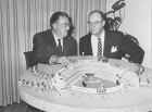 Walter O'Malley, left, president of the Los Angeles Dodgers shows New York Yankees owner Del Webb a model of the Dodgers' Chavez Ravine stadium, now being built, in Los Angeles, Ca., Nov. 21, 1960.  O'Malley discusses his terms for allowing the American League to move into Los Angeles territory.  Webb is chairman of the American League expansion committtee.  (AP Photo)