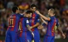 FC Barcelona's Lionel Messi, second left, celebrates after scoring during the Spanish La Liga soccer match between FC Barcelona and Eibar at the Camp Nou stadium in Barcelona, Spain, Sunday, May 21, 2017. (AP Photo/Manu Fernandez)