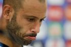 Javier Mascherano listens to a question during a press conference after training session of Argentina at the 2018 soccer World Cup in Bronnitsy, Russia, Sunday, June 24, 2018. (AP Photo/Ricardo Mazalan)