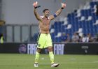 Italy goalkeeper Gianluigi Buffon celebrates his side's 1-0 win, at the end of the World Cup Group G qualifying soccer match between Italy and Israel at the Mapei Stadium in Reggio Emilia, Italy, Tuesday, Sept. 5, 2017. (AP Photo/Luca Bruno)