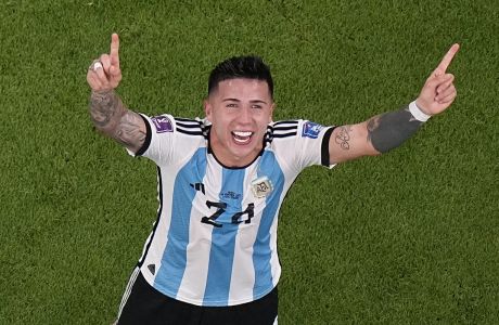 Argentina's Enzo Fernandez celebrates after scoring his side's second goal during the World Cup group C soccer match between Argentina and Mexico, at the Lusail Stadium in Lusail, Qatar, Saturday, Nov. 26, 2022. (AP Photo/Pavel Golovkin)
