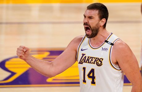 Los Angeles Lakers center Marc Gasol celebrates after scoring during the first half in Game 4 of an NBA basketball first-round playoff series against the Phoenix Suns Sunday, May 30, 2021, in Los Angeles. (AP Photo/Mark J. Terrill)