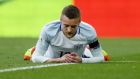 England's Jamie Vardy is on the ground during the World Cup Group F qualifying soccer match between England and Lithuania at the Wembley Stadium in London, Great Britain, Sunday, March 26, 2017. (AP Photo/Frank Augstein)