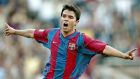 FC Barcelona Argentinian Javier Saviola celebrates the first goal against CF Malaga in a Liga match at the Camp Nou stadium in Barcelona 01 June 2003.    (Photo credit should read LLUIS GENE/AFP/Getty Images)