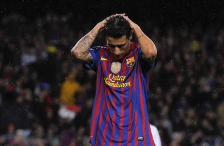 BARCELONA, SPAIN - APRIL 21:  Christian Tello of FC Barcelona reacts after missing a chance to score during the La Liga match between FC Barcelona and Real Madrid at Camp Nou on April 21, 2012 in Barcelona, Spain.  (Photo by David Ramos/Getty Images)