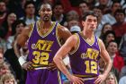 PORTLAND, OR - 1994: Karl Malone #32 and John Stockton #12 of the Utah Jazz look on at the Veterans Memorial Coliseum in Portland, Oregon circa 1994. NOTE TO USER: User expressly acknowledges and agrees that, by downloading and or using this photograph, User is consenting to the terms and conditions of the Getty Images License Agreement. Mandatory Copyright Notice: Copyright 1994 NBAE (Photo by Brian Drake/NBAE via Getty Images)