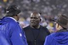 Former New York Giants player Lawrence Taylor talks with colleagues before an NFL football game between the New York Giants and the Philadelphia Eagles Thursday, Oct. 11, 2018, in East Rutherford, N.J. (AP Photo/Bill Kostroun)