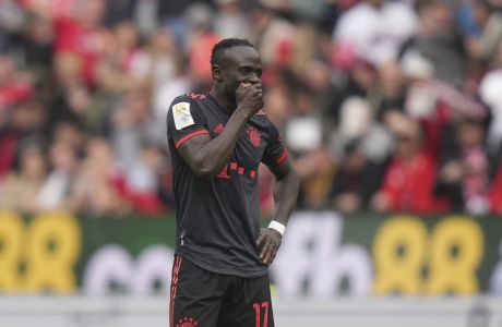 Bayern's Sadio Mane is dejected after his team received a third goal during the German Bundesliga soccer match between 1. FSV Mainz 05 and FC Bayern Munich at the Mewa Arena in Mainz, Germany, Saturday, April 22, 2023. (AP Photo/Matthias Schrader)