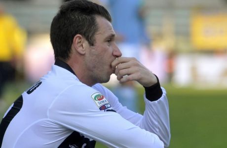 Parma's Antonio Cassano reacts at the end of a Serie A soccer match against Lazio, at Parma's Tardini stadium, Italy, Sunday, Dec. 7, 2014. Lazio moved fifth with a 2-1 win at bottom club Parma. (AP Photo/Marco Vasini)