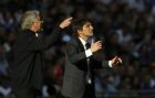 Manchester United manager Jose Mourinho and Chelsea head coach Antonio Conte, right, gesture during the English FA Cup final soccer match between Chelsea and Manchester United at Wembley stadium in London, Saturday, May 19, 2018. (AP Photo/Tim Ireland)