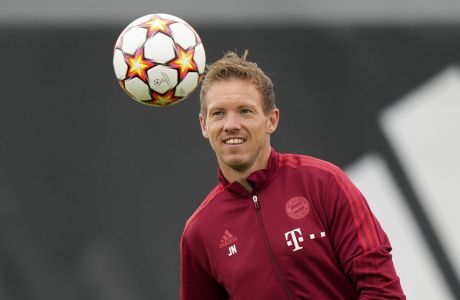 Bayern's head coach Julian Nagelsmann watches the ball during a training session for the Champions League group E soccer match between Bayern Munich and Dynamo Kiev in Munich, Germany, Tuesday, Sept. 28, 2021. Bayern will face Dynamo on Wednesday. (AP Photo/Matthias Schrader)