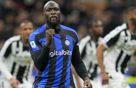 Inter Milan's Romelu Lukaku celebrates after he scored his side's first goal during the Serie A soccer match between Inter Milan and Udinese at the San Siro stadium, in Milan, Italy, Saturday, Feb. 18, 2023. (AP Photo/Antonio Calanni)