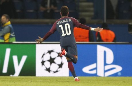PSG's Neymar celebrates after scoring his side's second goal during a Champions League Group B soccer match between Paris Saint-Germain and Anderlecht at the Parc des Princes stadium in Paris, France, Tuesday, Oct. 31, 2017. (AP Photo/Christophe Ena)
