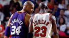 CHICAGO - JUNE 18:  Charles Barkley #34 of the Phoenix Suns chats with Michael Jordan #23 of the Chicago Bulls in Game Five of the 1993 NBA Finals on June 18, 1993 at the Chicago Stadium in Chicago, Illinois. The Suns won 108-98. NOTE TO USER: User expressly acknowledges and agrees that, by downloading and/or using this Photograph, user is consenting to the terms and conditions of the Getty Images License Agreement. Mandatory Copyright Notice: Copyright 1993 NBAE  (Photo by Nathaniel S. Butler/NBAE via Getty Images)