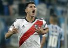 Exequiel Palacios of Argentina's River Plate celebrates after teammate Gonzalo Martinez scored his team's second goal against Brazil's Gremio during a semifinal second leg match of the Copa Libertadores in Porto Alegre, Brazil, Tuesday, Oct. 30, 2018. (AP Photo/Andre Penner)
