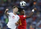England's Gary Cahill, left, Belgium's Michy Batshuayi challenge for the ball during the group G match between England and Belgium at the 2018 soccer World Cup in the Kaliningrad Stadium in Kaliningrad, Russia, Thursday, June 28, 2018. (AP Photo/Hassan Ammar)