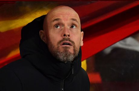 Manchester United's head coach Erik ten Hag during the English FA Cup fifth round soccer match between Nottingham Forest and Manchester United at City ground in Nottingham, England, Wednesday, Feb. 28, 2024. (AP Photo/Rui Vieira)