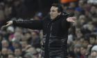 Aston Villa's head coach Unai Emery gestures from the sidelines to his players during the English Premier League soccer match between Aston Villa and Leeds United at Villa Park in Birmingham, England, Friday, Jan. 13, 2023. (AP Photo/Rui Vieira)