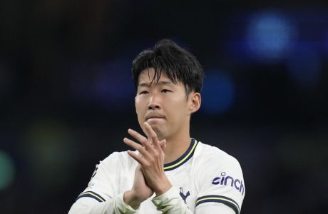 Tottenham's Son Heung-min greets fans at the end of the Champions League Group D soccer match between Tottenham Hotspur and Eintracht Frankfurt at Tottenham Hotspur stadium in London, Wednesday, Oct.12, 2022. (AP Photo/Kirsty Wigglesworth)